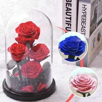 Nye Ankomst Bevaret Roser med Glas Kuppel 5 blomsterhoveder Evige Rose Frisk Rose Blomster Bryllup Part Gave til Kvinder Dropship