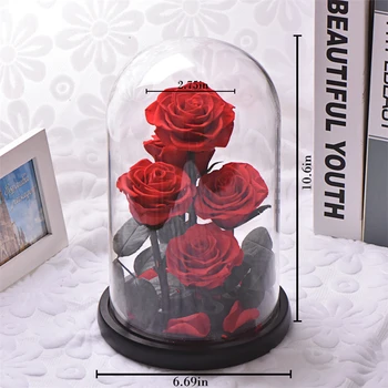 Nye Ankomst Bevaret Roser med Glas Kuppel 5 blomsterhoveder Evige Rose Frisk Rose Blomster Bryllup Part Gave til Kvinder Dropship