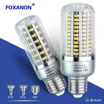 Foxanon E27 E14 E12 Led Majs Pære 25W 20W 15W 5W 10W Led-lampe AC85-265V 220V / 110V 5736 SMD Lys Lampada Aluminium Radiator