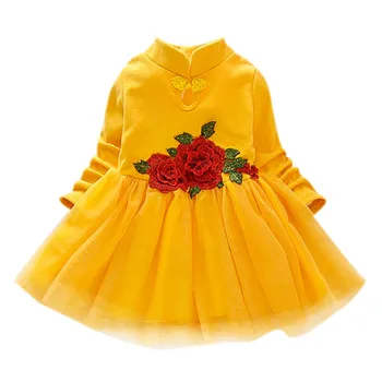 Nye Buksetrold Piger Dress Efterår Mode Afslappet Dejlig Sød Blomst Broderi Lange Ærmer Grenadine Patchwork Prinsesse Kjole