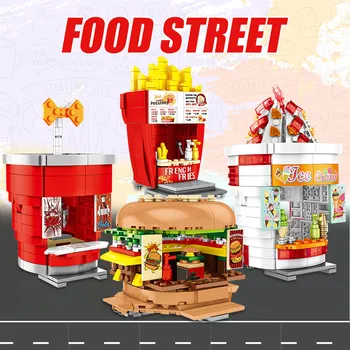 DIY Ice Cream Chips, Burger, Cola Hus, Store Bygninger, som Blokerer For City Street View-Food Butik Mursten Legetøj For Børn