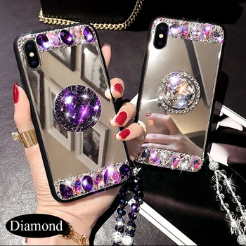 Kvinder Rhinestone Diamant-Spejl Makeup taske Til iPhone 11 Pro Max antal XR XS Max X 6S 7 8 Plus Tilfældet Med Finger Ring glas Rem