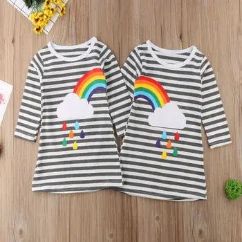Søstre Tvillinger Piger Prinsesse Kjole Rainbow Skyer Print Baby Pige Fødselsdag Fest Tøj Med Lange Ærmer Efteråret Toddler Kjole Nye