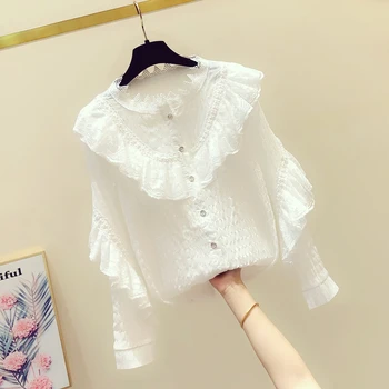Japansk lotus blad shirt efteråret nye løs krave temperament fe lace langærmet skjorte victorianske shirt gothic lolita cos