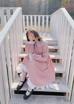 2020 Ny Japansk Lolita Style Foråret Efteråret Kvinder Midi-Peter Pan Krave Løs Vestidos Lange Ærmer Flæser Søde Kawaii Kjole