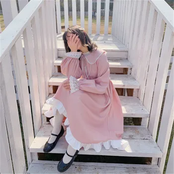 2020 Ny Japansk Lolita Style Foråret Efteråret Kvinder Midi-Peter Pan Krave Løs Vestidos Lange Ærmer Flæser Søde Kawaii Kjole