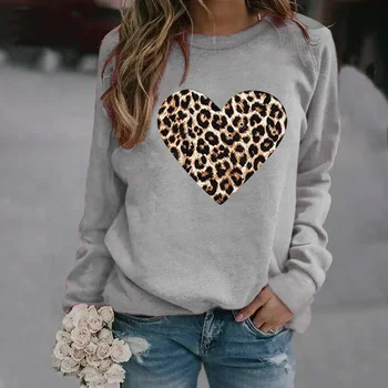 2020 Efteråret Nye Damer Hjerte-formet Leopard Print Rund Hals Sweater Top med Leopard Print Kærlighed Hooded Sweatshirt