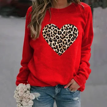 2020 Efteråret Nye Damer Hjerte-formet Leopard Print Rund Hals Sweater Top med Leopard Print Kærlighed Hooded Sweatshirt