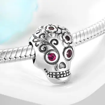 925 Sterling Sølv, Rosa CZ Kraniet Charms Bead Passer Oprindelige LYNACCS Armbånd Til kvinder Smykker at gøre Halloween gave