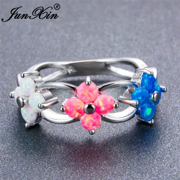 JUNXIN Udsøgt Sølv Farve Blomst Rainbow Vielsesring Rund Hvid/Pink/Blå Ild Opal Ringe Til Kvinder