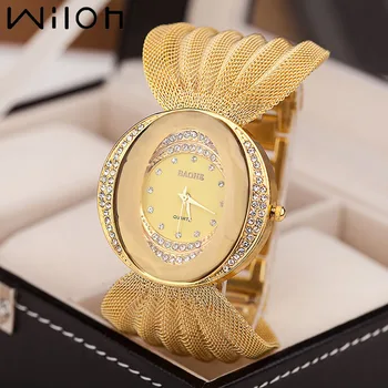 Mesh bælte kvinder watch oval guld armbånd legering kvarts ur kjole rhinestone kvinders ure, engros-ure og armbånd