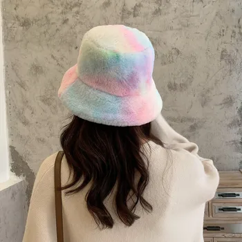 Faux Fur Vinter Bucket Hat Kvinder koreanske Mode Regnbue Blød Varm Uld Hatte Tie Dye Panama Udendørs vandreture Velvet fiskeren hat