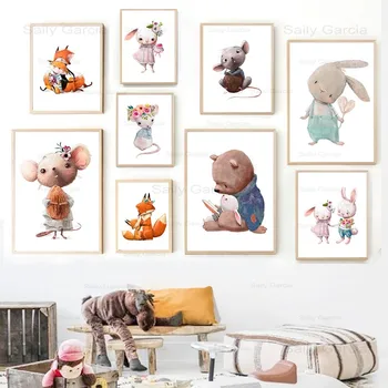 Søde Barnlige Dyr Plakat Mus, Kanin, Bjørn, Ræv Lærred Maleri, Dekoration Hjem Baby Art Print Baggrundsbillede