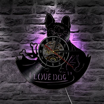 1Piece jeg Elsker Hunde-fransk Bulldog-Hus Pet vinylplade vægur Selskabsdyr Hvalp Dyr Væg Ur Kunst Ur Hjem Dekorativ Gave