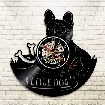 1Piece jeg Elsker Hunde-fransk Bulldog-Hus Pet vinylplade vægur Selskabsdyr Hvalp Dyr Væg Ur Kunst Ur Hjem Dekorativ Gave