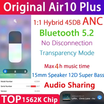 Air10 Plus TWS Trådløse Bluetooth-5.2 Øretelefon 45DB Hybrid ANC Øretelefoner Super Bass 1562K PK H1 1562H 1562A i900000 MAX Air 13Plus