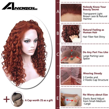 Anogol Hånd Bundet Høj Temperatur Fiber Hår Parykker Lang Kinky Curly Auburn Kobber Rød Syntetisk Lace Front Wig Med Gratis Del
