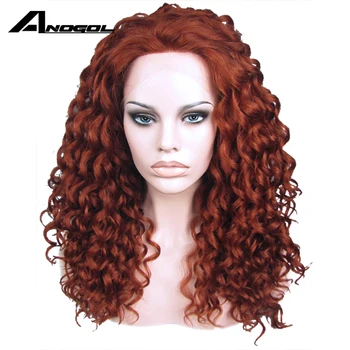 Anogol Hånd Bundet Høj Temperatur Fiber Hår Parykker Lang Kinky Curly Auburn Kobber Rød Syntetisk Lace Front Wig Med Gratis Del