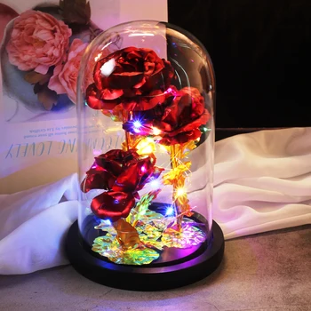 Romantisk Skønheden Og Udyret Kunstig Blomst I LED Glas Kuppel for Evigt Steg Hjem Udsmykning til Bryllup, Jul, Valentine Gave