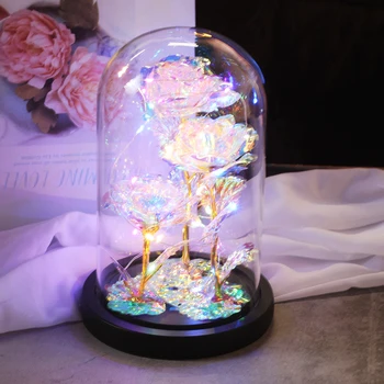 Romantisk Skønheden Og Udyret Kunstig Blomst I LED Glas Kuppel for Evigt Steg Hjem Udsmykning til Bryllup, Jul, Valentine Gave
