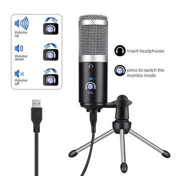 Professionel Kondensator Mikrofon Med Stativ, USB Studio Mikrofon Til PC Phone Karaoke Mikrofon Med lydkort