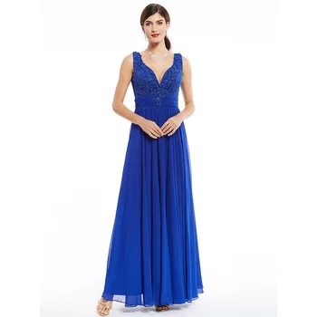Dressv royal blue v hals lang aften kjole uden ærmer billige overtræksmeteriale pynt bryllupsfest formel kjole en linje aften kjoler