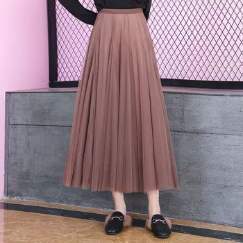 Nye Forår Korea Mode Høj Talje Mesh Lang Nederdel Sød Kvinder Elev A-line Nederdel Bolden Kjole Beige Nederdel af God Kvalitet D182
