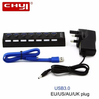 CHYI USB 3.0 Hub Med EU/AU/US/UK Ekstern Strøm Adapter 5Gbps 7-Port USB 3.0 Hub Splitter Med Tænd/SLUK For PC-Tilbehør