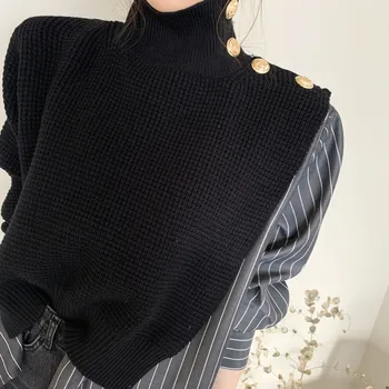 Koreanere 2020 Efteråret Høj Krave Side Knapper Falske To-stykke Shirt Syning Stribede Boble Ærme Smart Sweater Blå kvinder
