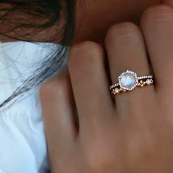 Boho Kvindelige Stor Krystal Sekskant Månesten Ring Indstille Mode Rosa Guld Farve Engagement Ring Vintage Part Vielsesringe For Kvinder