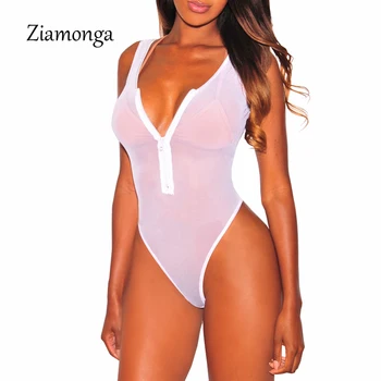 Ziamonga Sexet Sort Hvid Sheer Mesh Bodysuit For Kvinder Metal Lynlås Teddy Sexet Erotisk Body Se Gennem Kvinder Jumpsuit