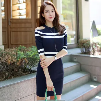 2021 sommeren nye koreanske temperament lækker skulder, farve matchende striber slim strik ærmer hip kjole
