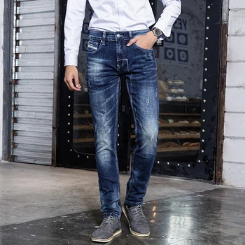 Fashion Streetwear Mænd Elastiske Jeans Slim Fit Afslappet Denim Rippet Bukser I Høj Kvalitet Med Vintage Designer Hip Hop Bomuld Bukser
