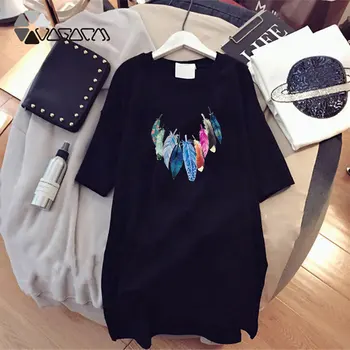 Plus Size Kvinder Tshirt Kjole Hjertet Farvede Fjer Print Korte Ærmer Casual Løs Sommeren Kvindelige Harajuku Sort Streetwear