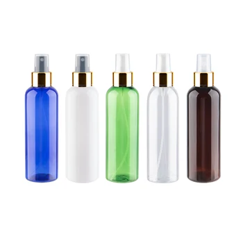 Tomme plastflasker Med Guld Spray Pumpe 200ml Kapacitet PET Parfume Forstøver Container Hvid Gennemsigtig Grøn Kosmetiske Flaske