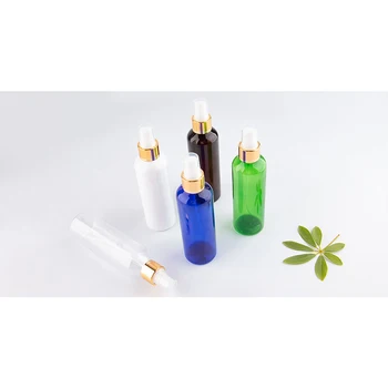 Tomme plastflasker Med Guld Spray Pumpe 200ml Kapacitet PET Parfume Forstøver Container Hvid Gennemsigtig Grøn Kosmetiske Flaske