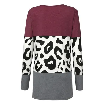 2021 Bluse Kvinder V-hals langærmet Top Mini Tee Shirt Patchwork Leopard Print t-Shirt Top Blusas