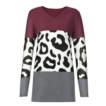 2021 Bluse Kvinder V-hals langærmet Top Mini Tee Shirt Patchwork Leopard Print t-Shirt Top Blusas