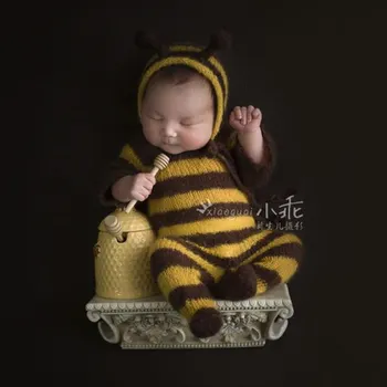 Nyfødte baby mohair fotografering rekvisitter,baby-blød bee bodysuit med hat komplet sæt,baby fotografering jumpsuits rekvisitter