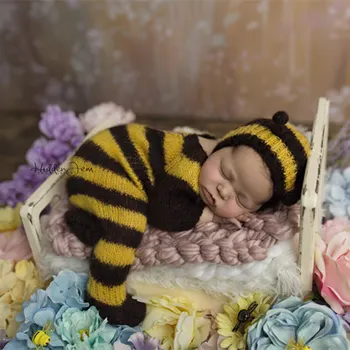 Nyfødte baby mohair fotografering rekvisitter,baby-blød bee bodysuit med hat komplet sæt,baby fotografering jumpsuits rekvisitter