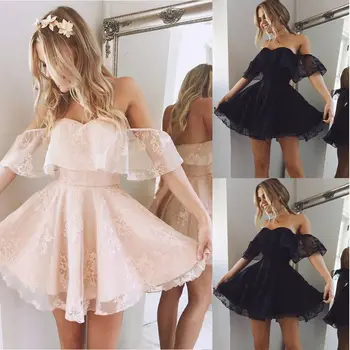 Nye trendy Kvinder Formelle Lace Dress Sommeren Prom Off Skulder Bryllup Part Kjole Korte Ærmer Korte Mini Kjoler Solid Sort Pink
