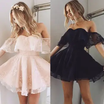 Nye trendy Kvinder Formelle Lace Dress Sommeren Prom Off Skulder Bryllup Part Kjole Korte Ærmer Korte Mini Kjoler Solid Sort Pink