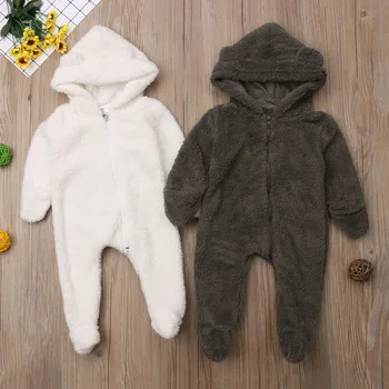 Søde Nyfødte Baby Pige Dreng Fuzzy Tøj Hætteklædte Footies Buksedragt Romper 0-24M