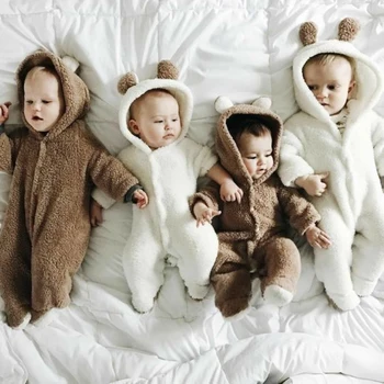 Søde Nyfødte Baby Pige Dreng Fuzzy Tøj Hætteklædte Footies Buksedragt Romper 0-24M