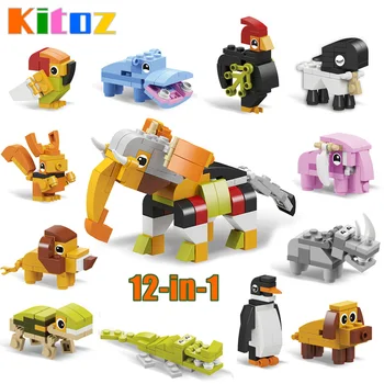 12-i-1 Animal Kingdom byggesten Mursten Sæt Elefant, Løve Kompatibel med Kid Pædagogisk Legetøj for Børn, Dreng, Pige