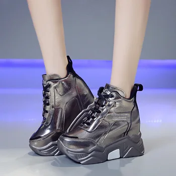 Metal sølv chunky platform sneakers kvinder vinteren varm super høje hæle casual sko kvinde højde stigende støvler mujerbn87