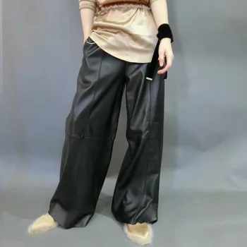 Ægte læder bukser kvinder plus size høj talje bred ben bukser 2020 nye fashion streetwear bukser kvinder