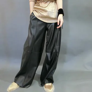 Ægte læder bukser kvinder plus size høj talje bred ben bukser 2020 nye fashion streetwear bukser kvinder
