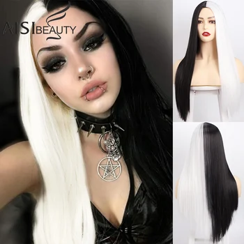 Aisibeauty Syntetiske Cosplay Parykker for Sorte Kvinder Lange Lige Del Sorte Del Hvide Parykker Midten Division Naturlige Falske hår
