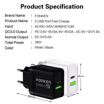 FONKEN 2-Port USB-Oplader Type C Opkræve Adapter PD3.0 28W Hurtig Opladning Oplader USB-C Telefon Oplader Tablet Magt Opladning EU Stik